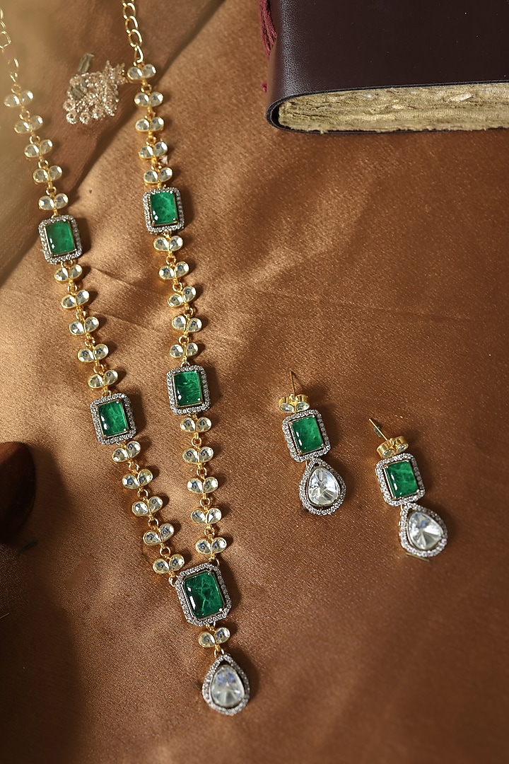 Gold Plated Cubic Zirconia & Green Doublet Stone Necklace Set by Paisley Pop at Pernia's Pop Up Shop