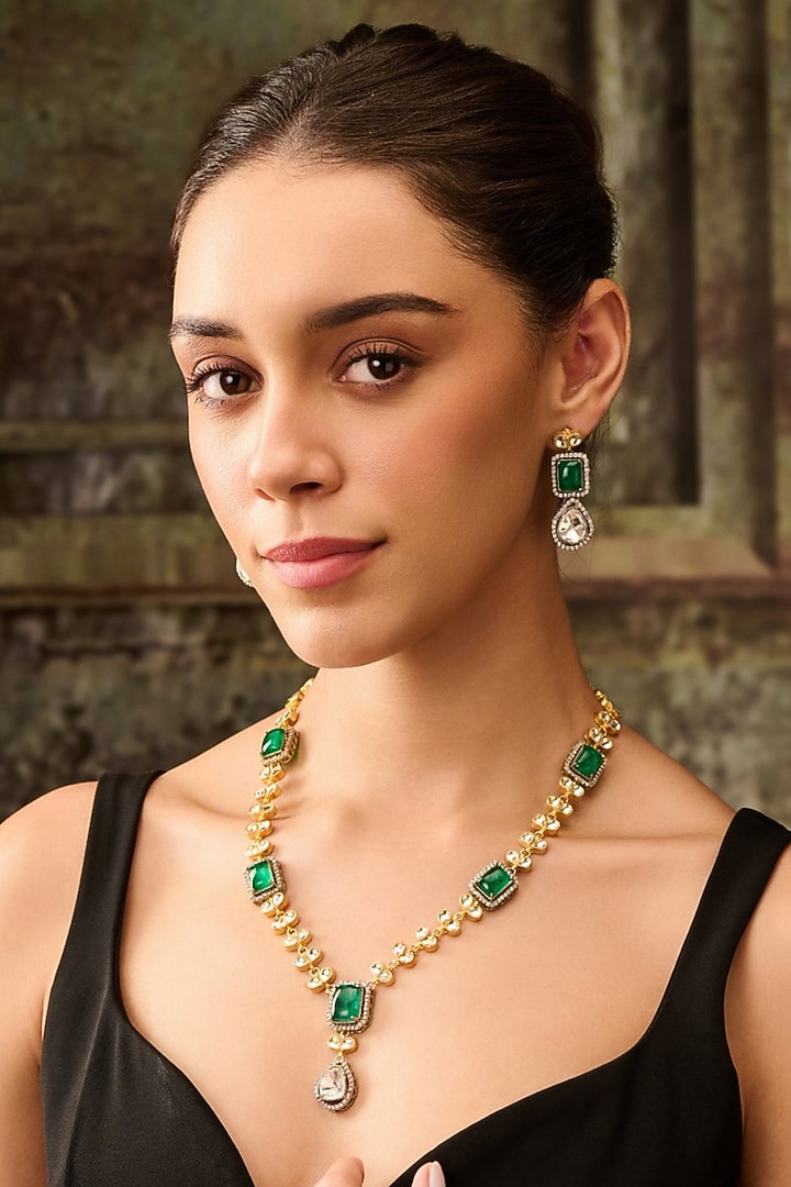 Gold Plated Cubic Zirconia & Green Doublet Stone Necklace Set by Paisley Pop at Pernia's Pop Up Shop