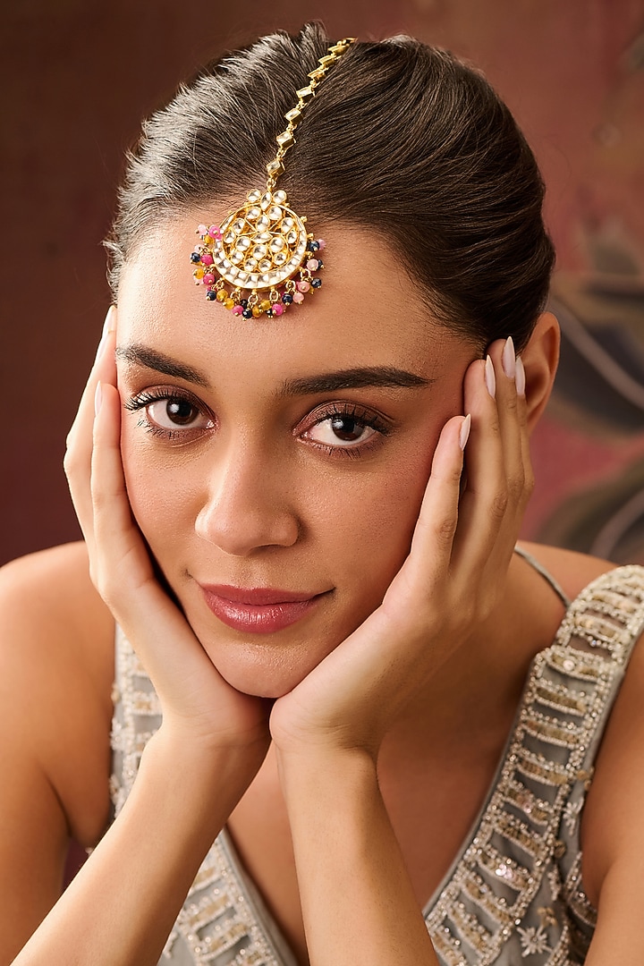 Gold Plated Kundan Polki & Multi-Colored Onyx Maangtikka by Paisley Pop at Pernia's Pop Up Shop