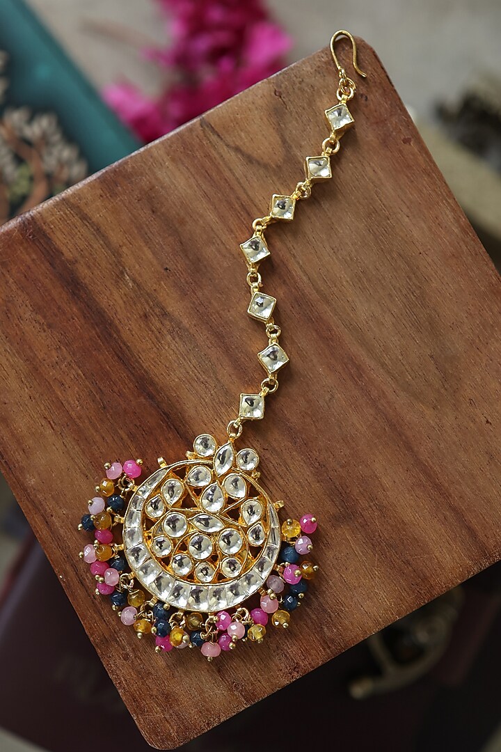 Gold Plated Kundan Polki & Multi-Colored Onyx Maangtikka by Paisley Pop at Pernia's Pop Up Shop