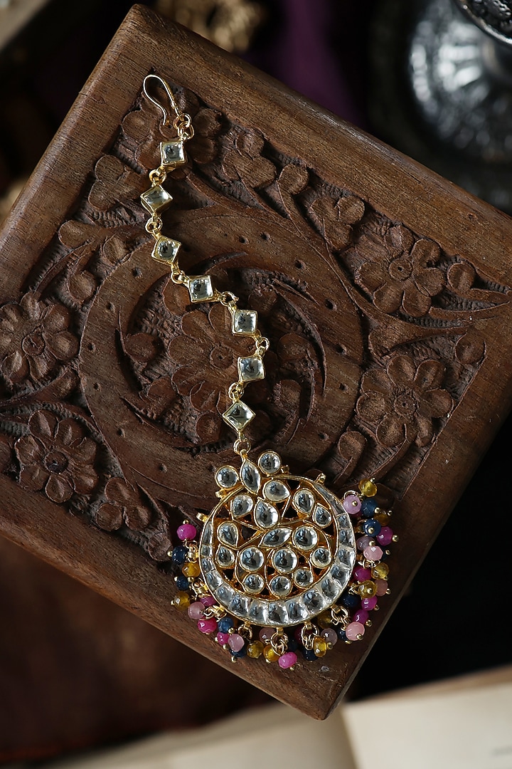 Gold Plated Kundan Polki & Multi-Colored Onyx Maangtikka by Paisley Pop at Pernia's Pop Up Shop
