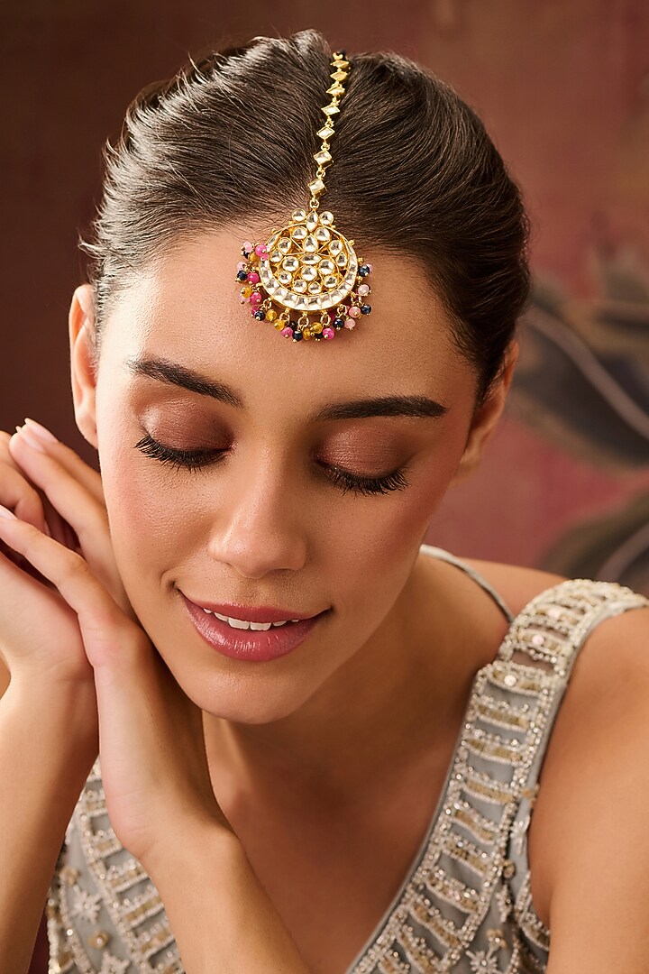 Gold Plated Kundan Polki & Multi-Colored Onyx Maangtikka by Paisley Pop at Pernia's Pop Up Shop
