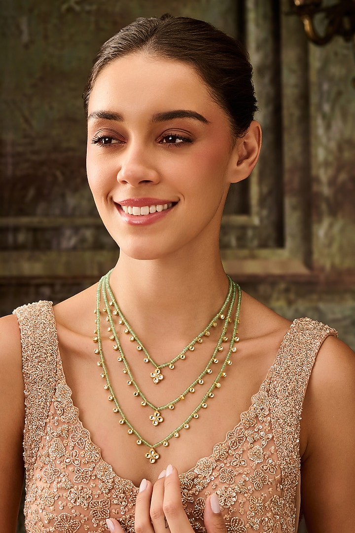 Gold Plated Kundan Polki & Mint Green Onyx Layered Necklace by Paisley Pop at Pernia's Pop Up Shop
