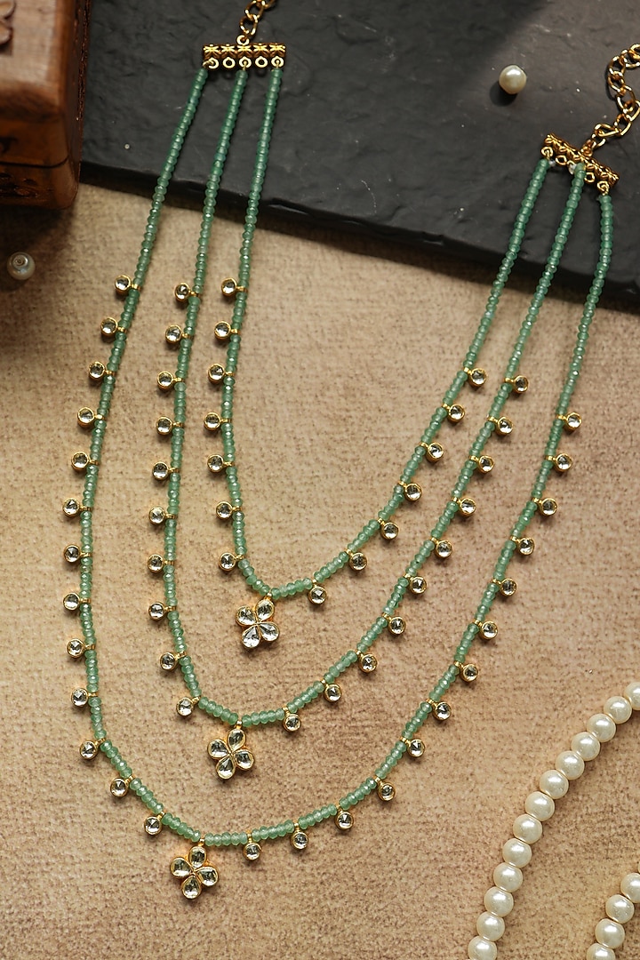 Gold Plated Kundan Polki & Mint Green Onyx Layered Necklace by Paisley Pop at Pernia's Pop Up Shop