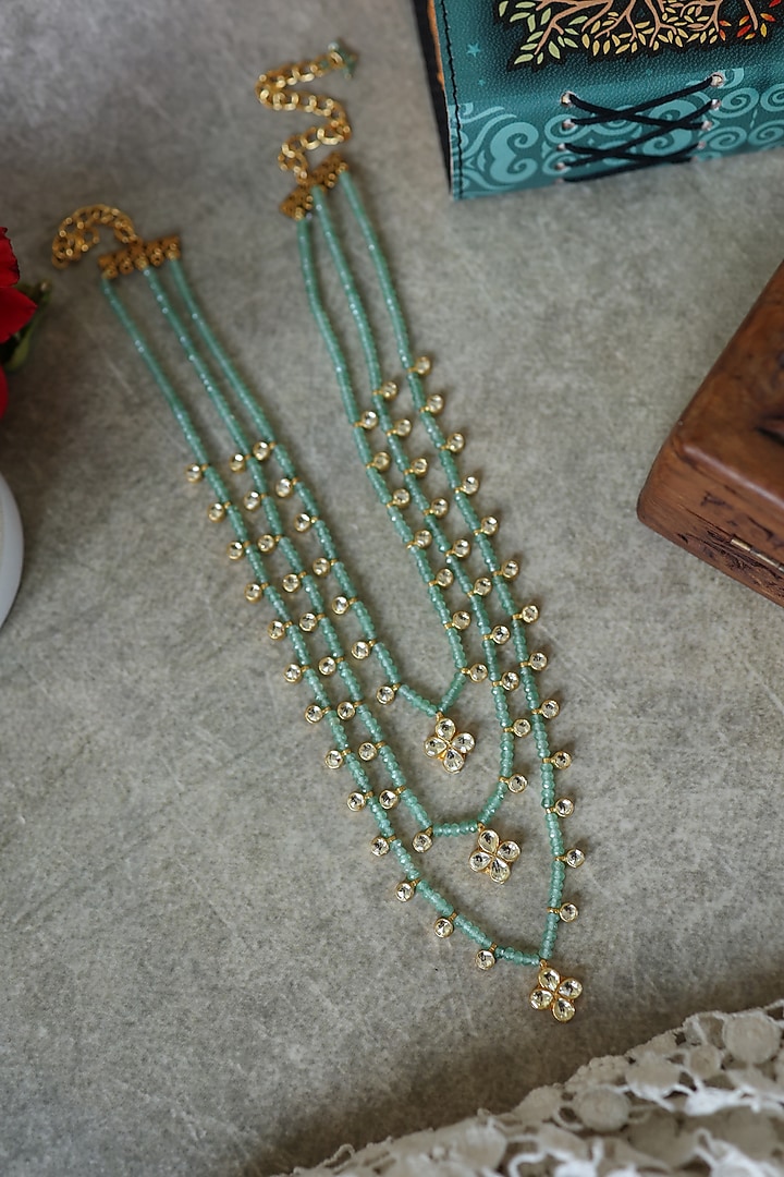 Gold Plated Kundan Polki & Mint Green Onyx Layered Necklace by Paisley Pop at Pernia's Pop Up Shop