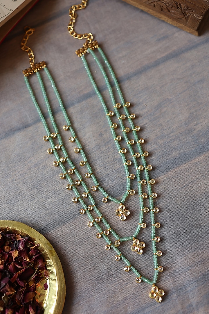 Gold Plated Kundan Polki & Mint Green Onyx Layered Necklace by Paisley Pop at Pernia's Pop Up Shop