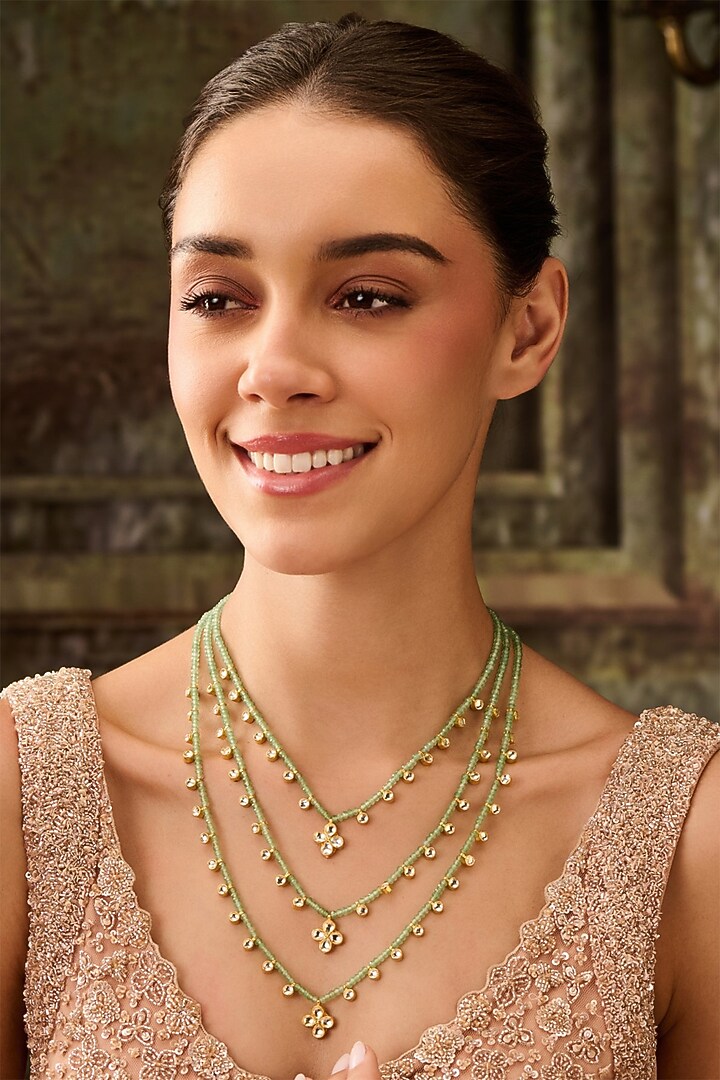 Gold Plated Kundan Polki & Mint Green Onyx Layered Necklace by Paisley Pop at Pernia's Pop Up Shop