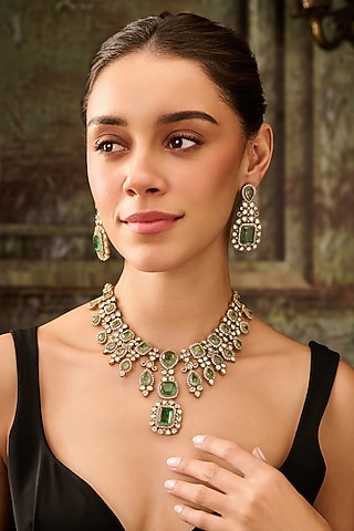 Gold Plated Green Doublet Stone & Kundan Polki Necklace Set by Paisley Pop