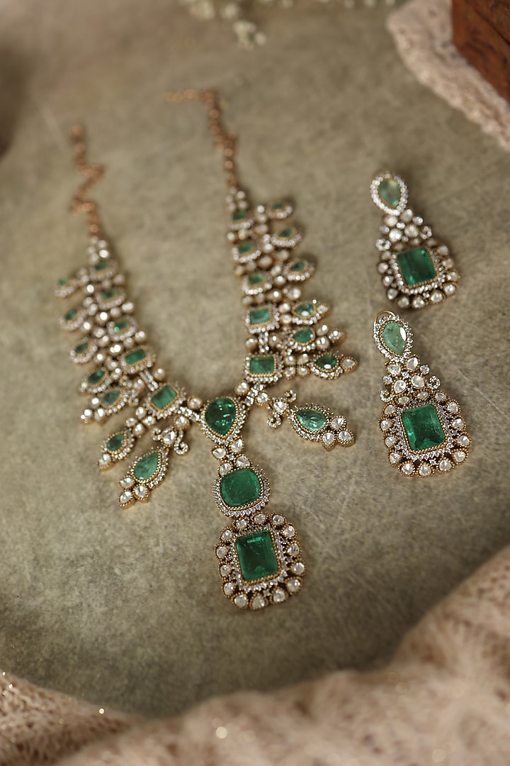 Gold Plated Green Doublet Stone & Kundan Polki Necklace Set by Paisley Pop at Pernia's Pop Up Shop