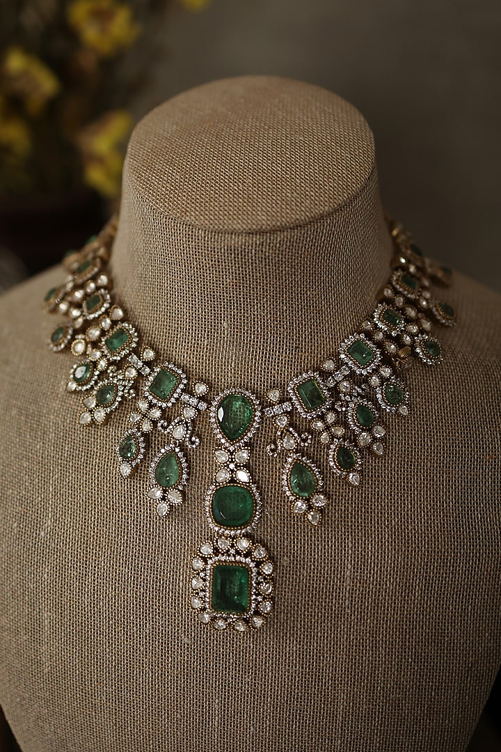 Gold Plated Green Doublet Stone & Kundan Polki Necklace Set by Paisley Pop at Pernia's Pop Up Shop