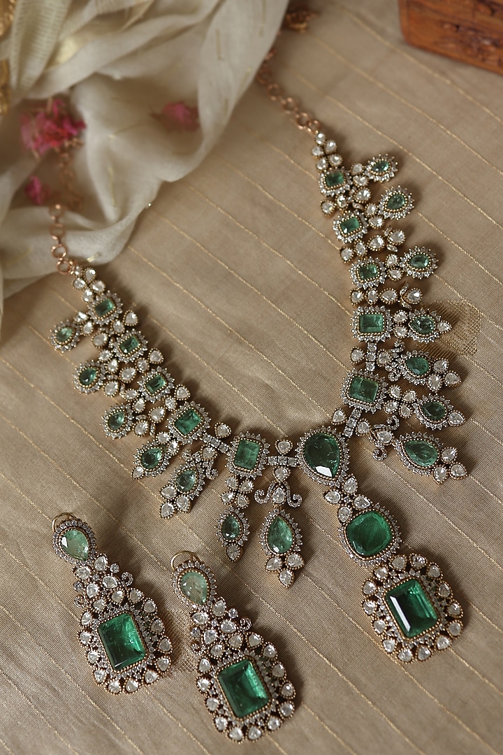 Gold Plated Green Doublet Stone & Kundan Polki Necklace Set by Paisley Pop at Pernia's Pop Up Shop
