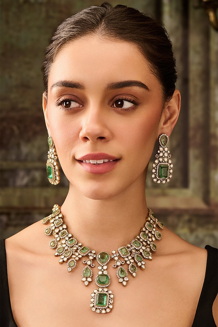 Gold Plated Green Doublet Stone & Kundan Polki Necklace Set by Paisley Pop at Pernia's Pop Up Shop