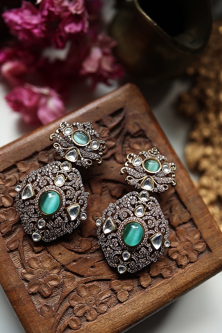 Gold Plated Floral Kundan Polki & Fluorite Stone Dangler Earrings by Paisley Pop at Pernia's Pop Up Shop