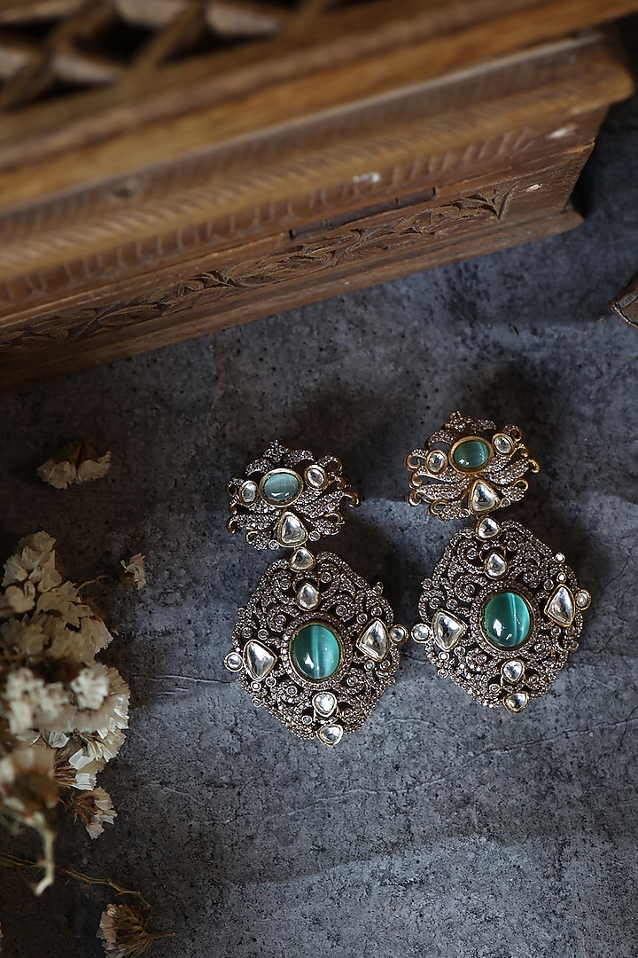 Gold Plated Floral Kundan Polki & Fluorite Stone Dangler Earrings by Paisley Pop at Pernia's Pop Up Shop