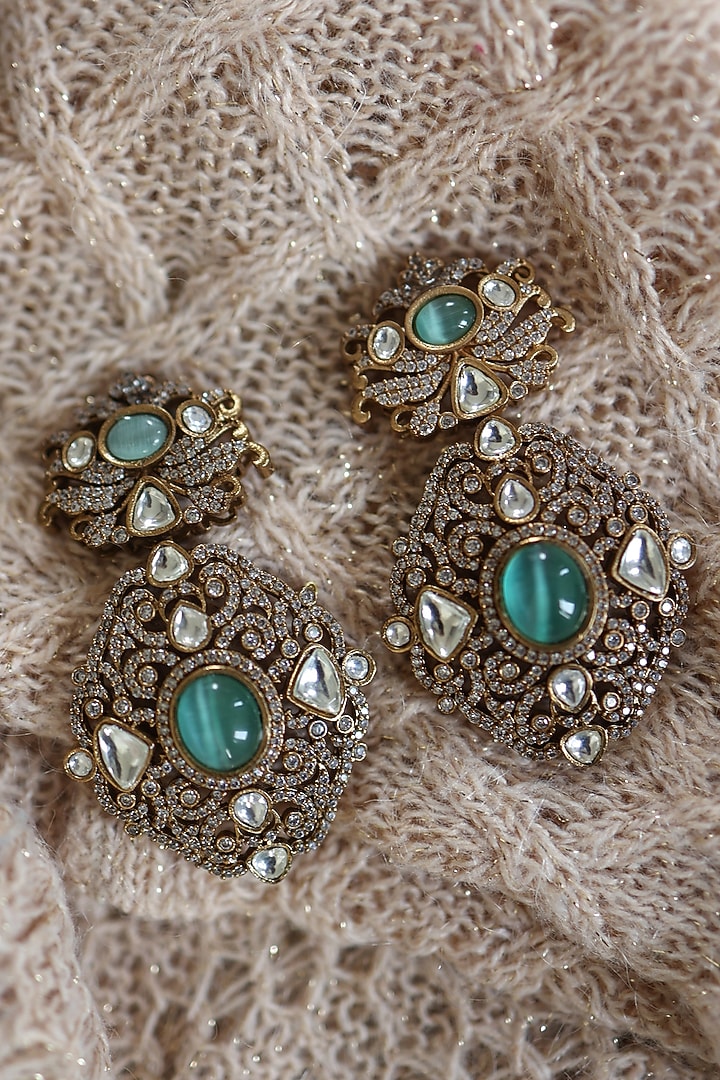 Gold Plated Floral Kundan Polki & Fluorite Stone Dangler Earrings by Paisley Pop at Pernia's Pop Up Shop