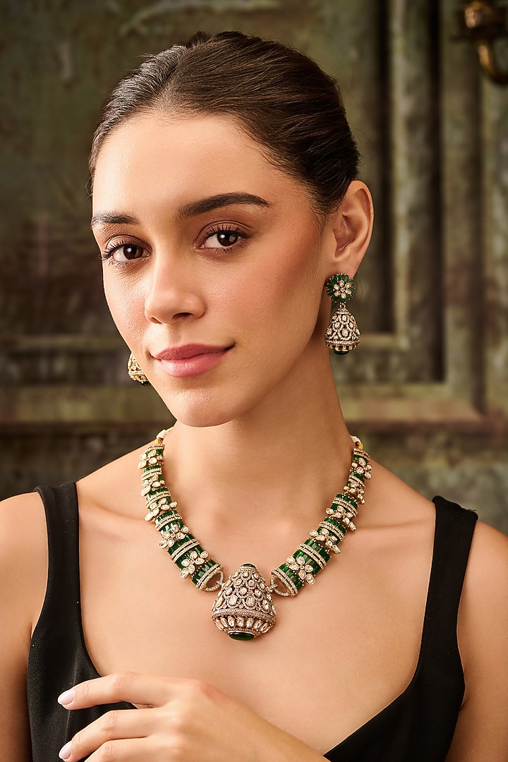 Gold Plated Floral Kundan Polki & Emerald Green Stone Necklace Set by Paisley Pop at Pernia's Pop Up Shop