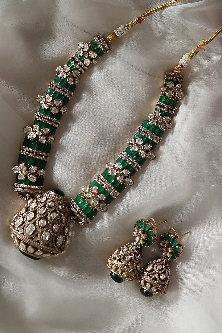 Gold Plated Floral Kundan Polki & Emerald Green Stone Necklace Set by Paisley Pop at Pernia's Pop Up Shop