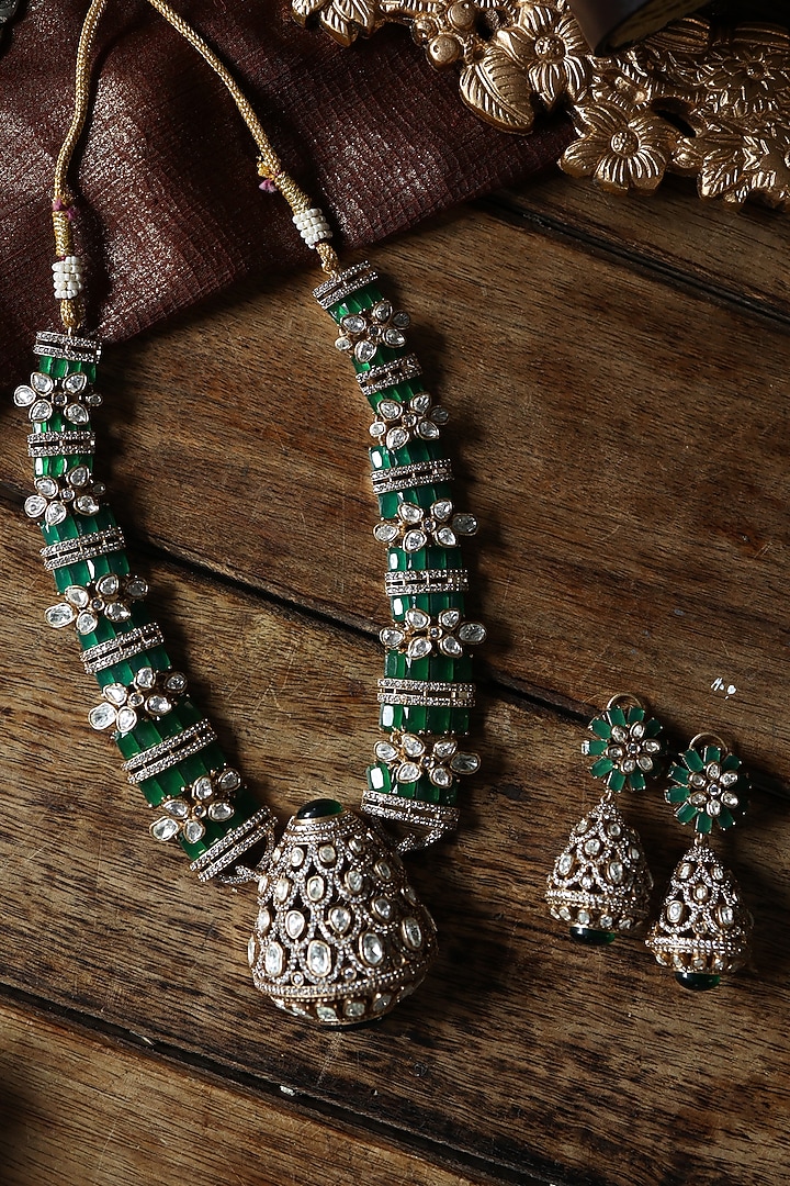 Gold Plated Floral Kundan Polki & Emerald Green Stone Necklace Set by Paisley Pop at Pernia's Pop Up Shop