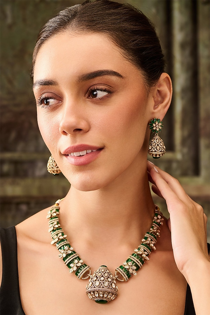 Gold Plated Floral Kundan Polki & Emerald Green Stone Necklace Set by Paisley Pop at Pernia's Pop Up Shop