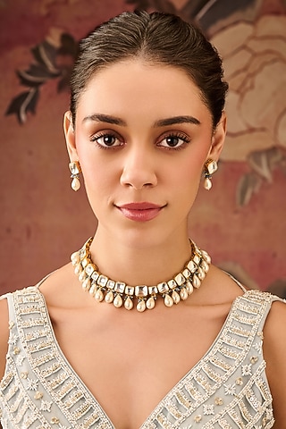 Gold Plated Kundan Polki & Pearl Necklace Set by Paisley Pop