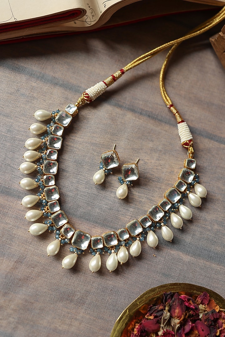 Gold Plated Kundan Polki & Pearl Necklace Set by Paisley Pop at Pernia's Pop Up Shop