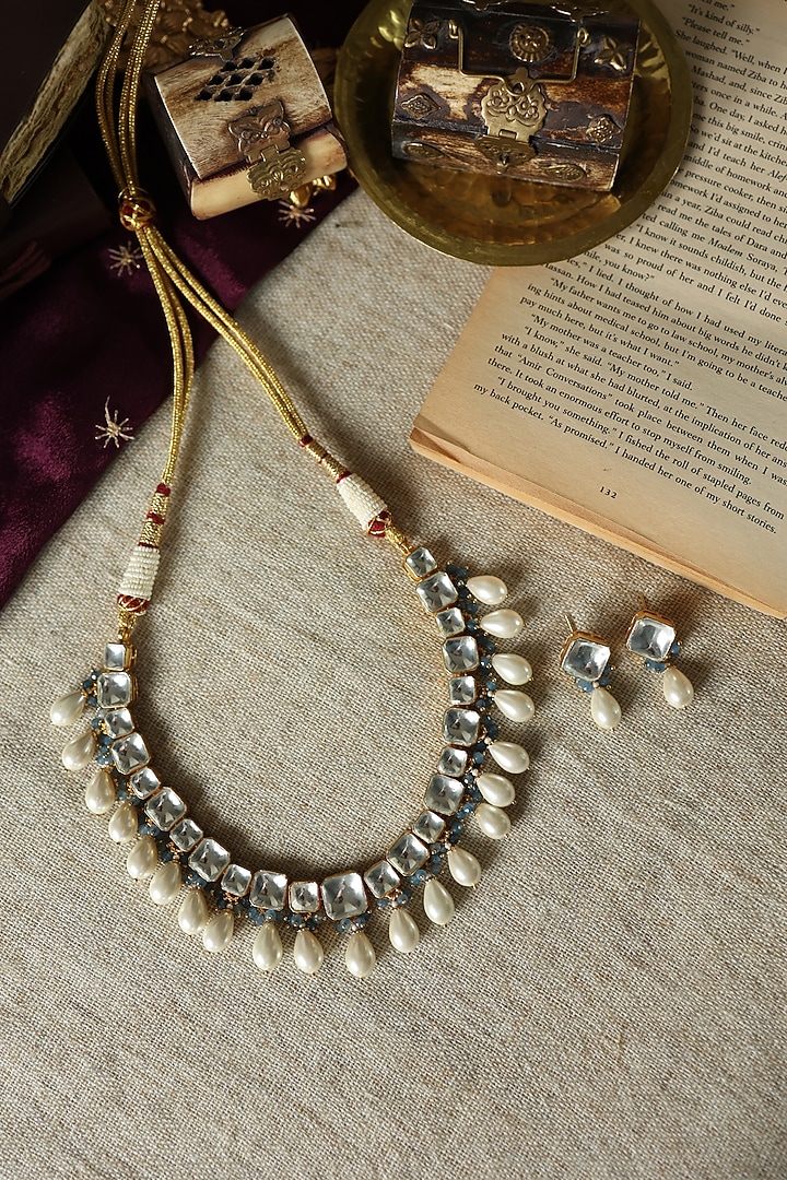 Gold Plated Kundan Polki & Pearl Necklace Set by Paisley Pop at Pernia's Pop Up Shop
