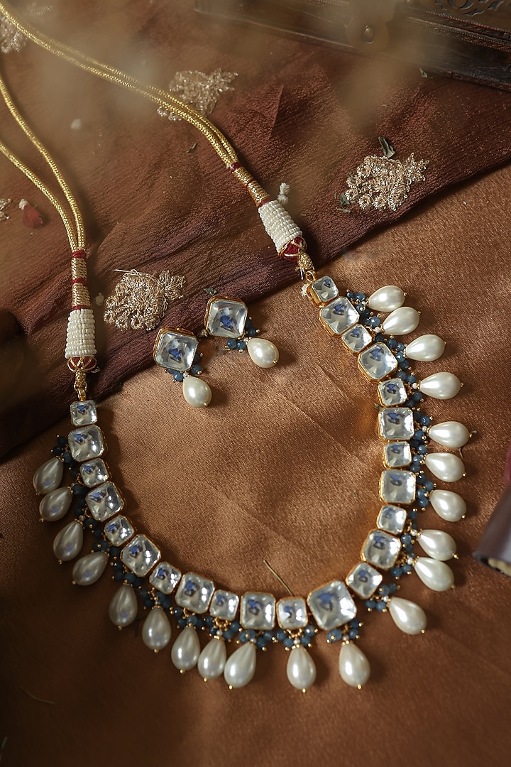 Gold Plated Kundan Polki & Pearl Necklace Set by Paisley Pop at Pernia's Pop Up Shop