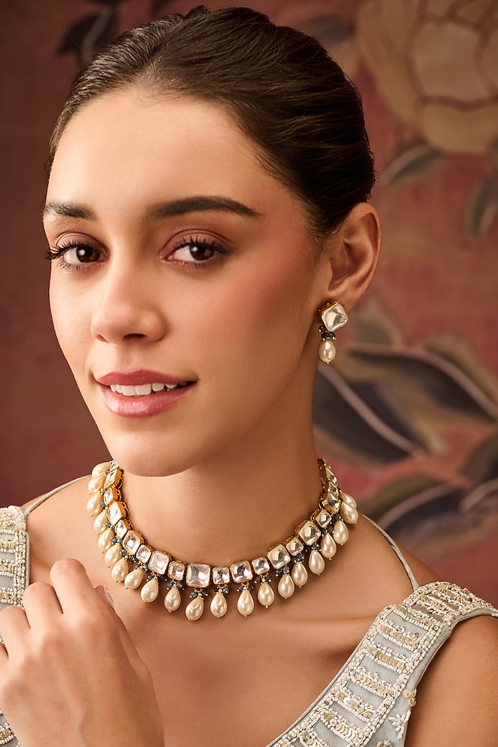 Gold Plated Kundan Polki & Pearl Necklace Set by Paisley Pop at Pernia's Pop Up Shop