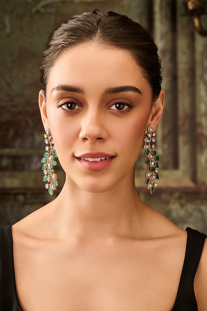 Gold Plated Kundan Polki & Emerald Green Dangler Earrings by Paisley Pop at Pernia's Pop Up Shop