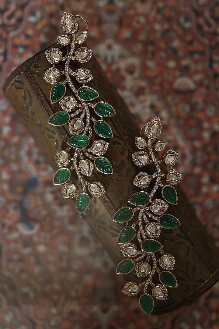 Gold Plated Kundan Polki & Emerald Green Dangler Earrings by Paisley Pop at Pernia's Pop Up Shop