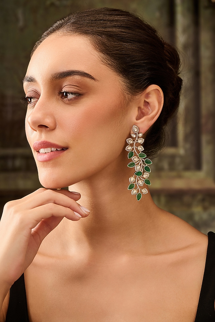 Gold Plated Kundan Polki & Emerald Green Dangler Earrings by Paisley Pop at Pernia's Pop Up Shop