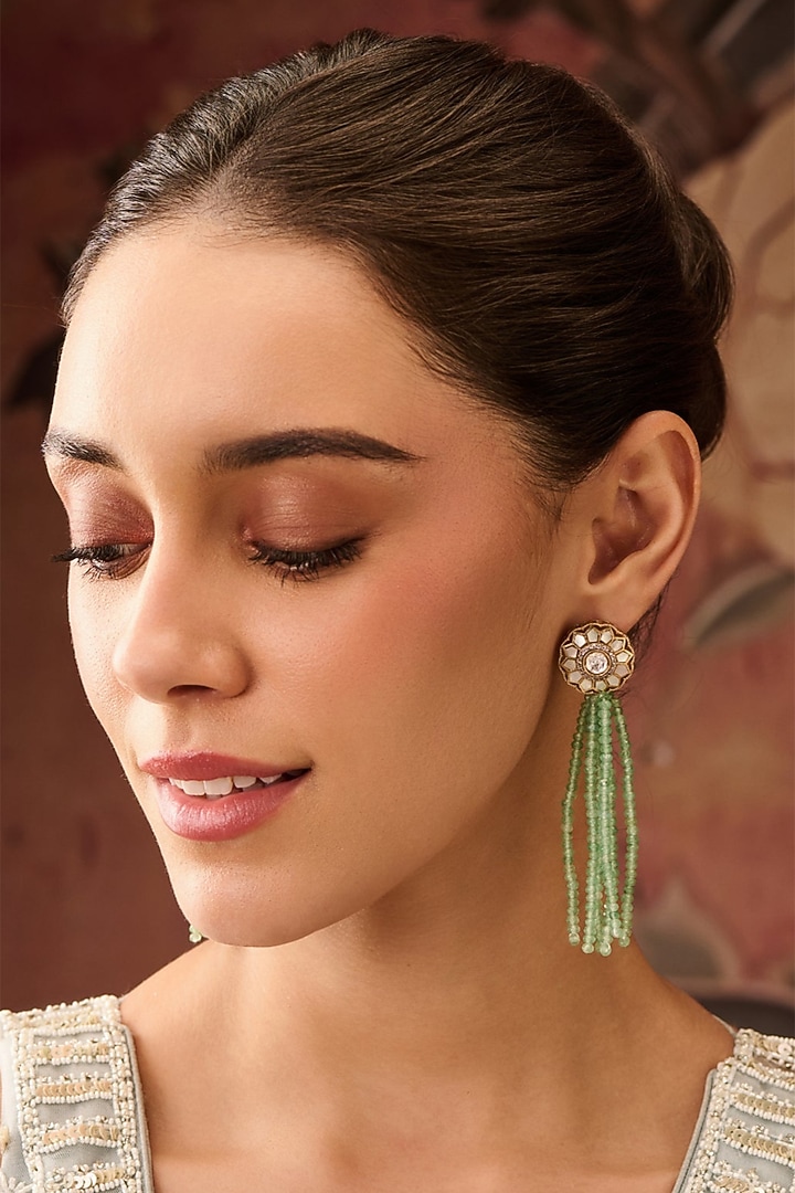Gold Plated Mother Of Pearl & Green Fluorite Tassel Earrings by Paisley Pop at Pernia's Pop Up Shop