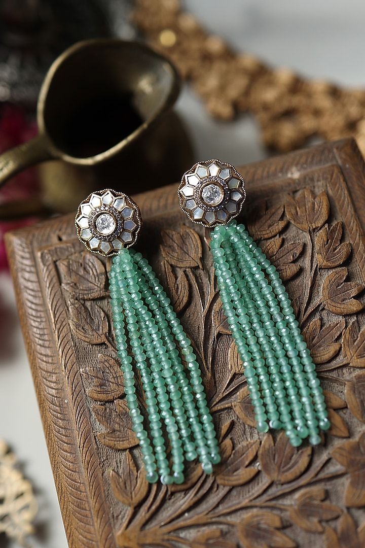 Gold Plated Mother Of Pearl & Green Fluorite Tassel Earrings by Paisley Pop at Pernia's Pop Up Shop