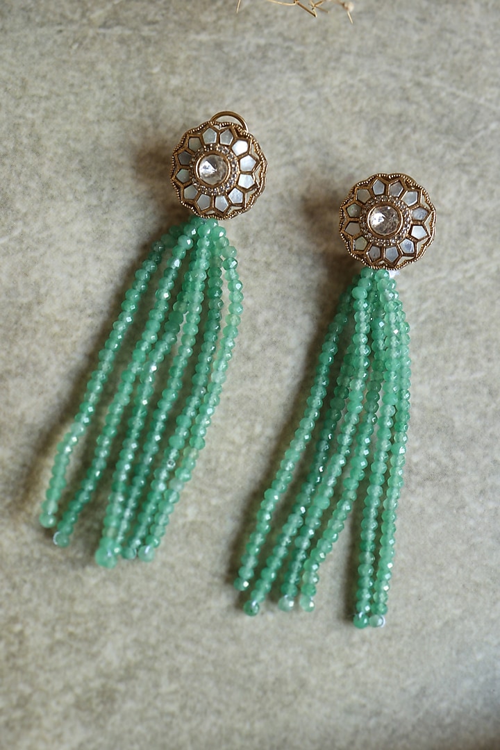 Gold Plated Mother Of Pearl & Green Fluorite Tassel Earrings by Paisley Pop at Pernia's Pop Up Shop