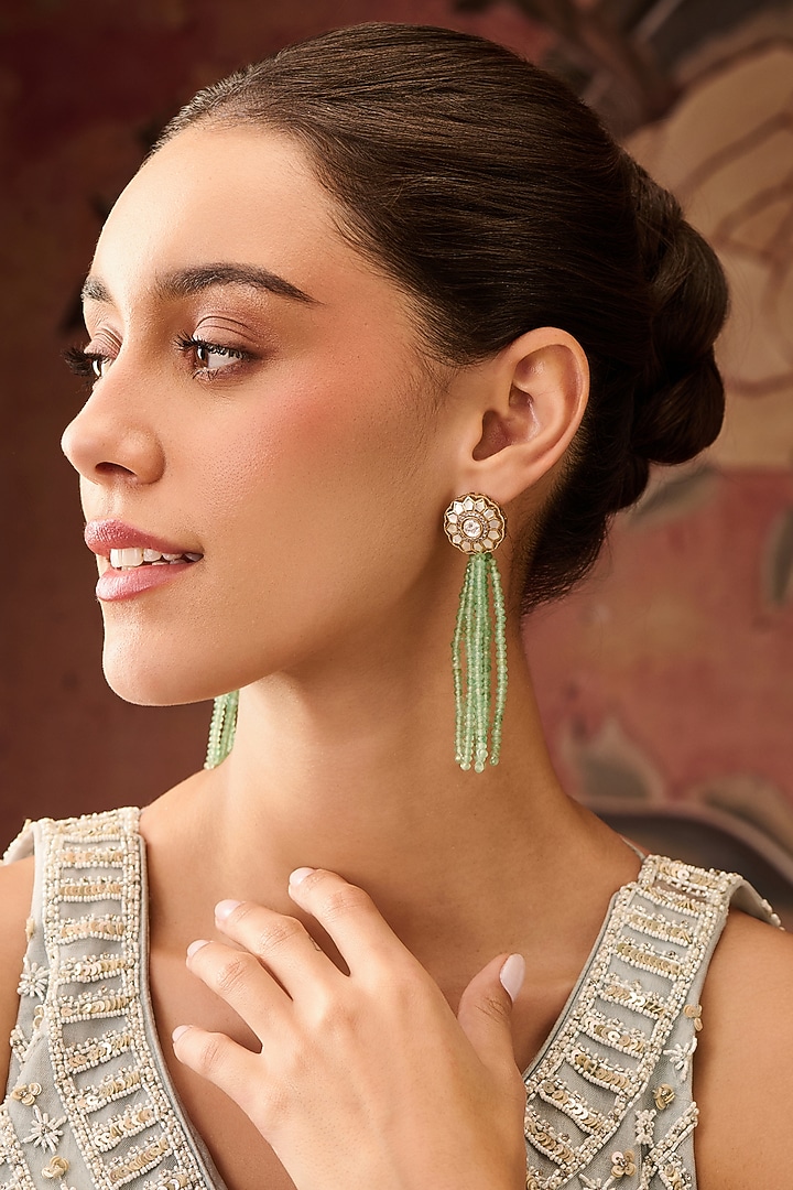Gold Plated Mother Of Pearl & Green Fluorite Tassel Earrings by Paisley Pop at Pernia's Pop Up Shop