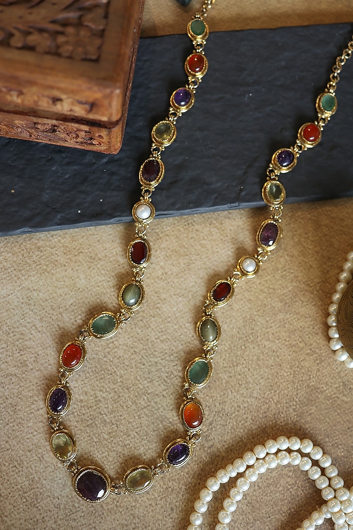 Gold Plated Multi-Colored Natural Stone & Pearl Necklace by Paisley Pop at Pernia's Pop Up Shop