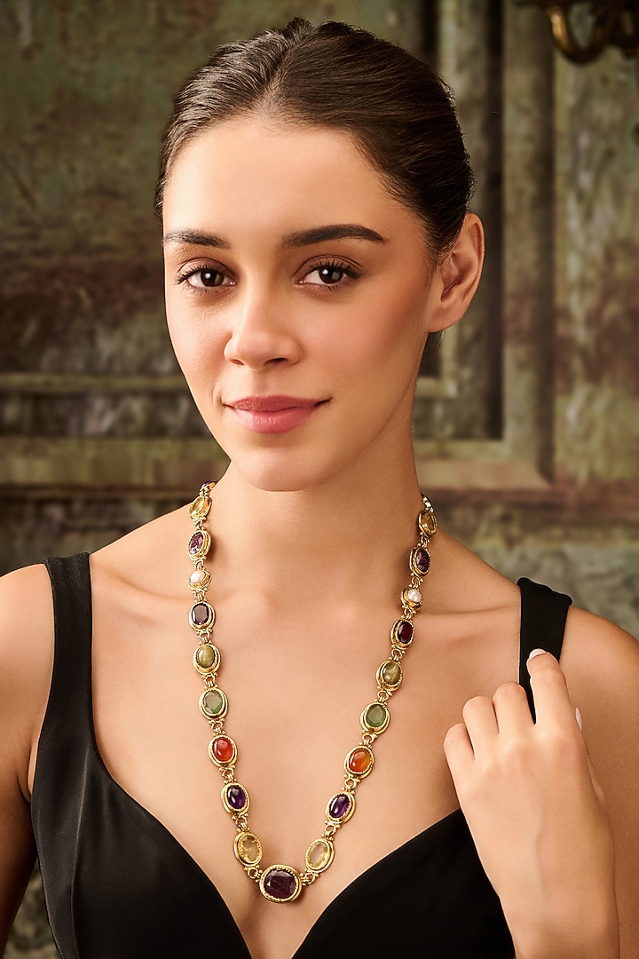 Gold Plated Multi-Colored Natural Stone & Pearl Necklace by Paisley Pop at Pernia's Pop Up Shop