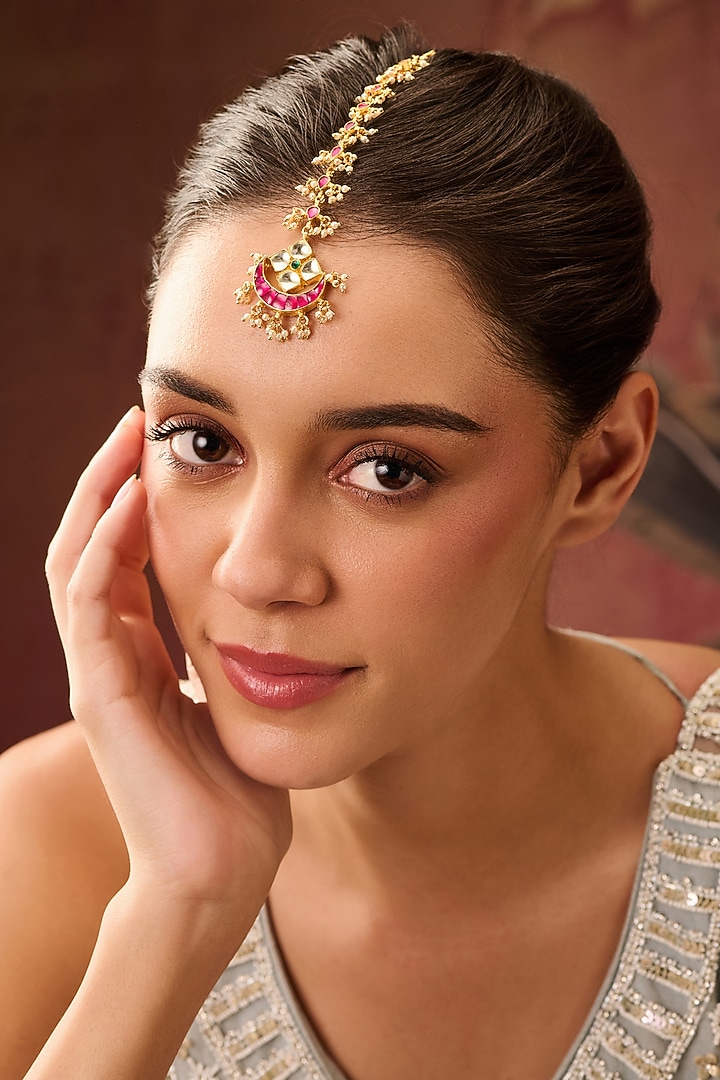 Gold Plated Red Kundan Polki & Pearl Mathapatti by Paisley Pop at Pernia's Pop Up Shop