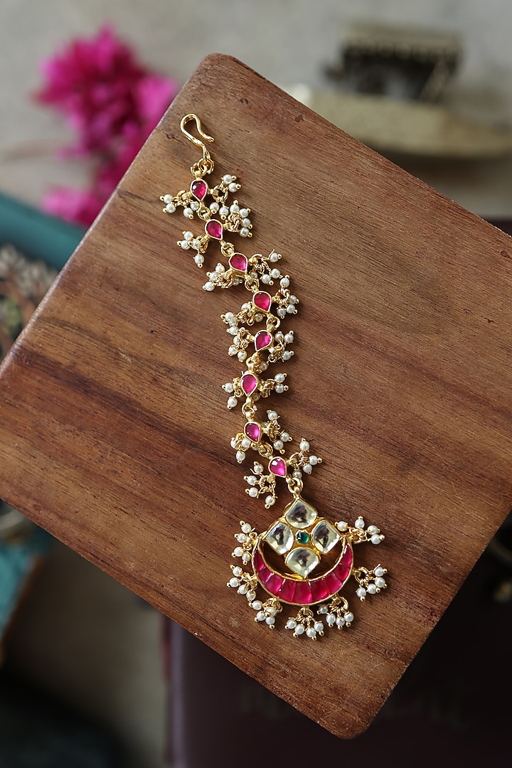 Gold Plated Red Kundan Polki & Pearl Mathapatti by Paisley Pop at Pernia's Pop Up Shop