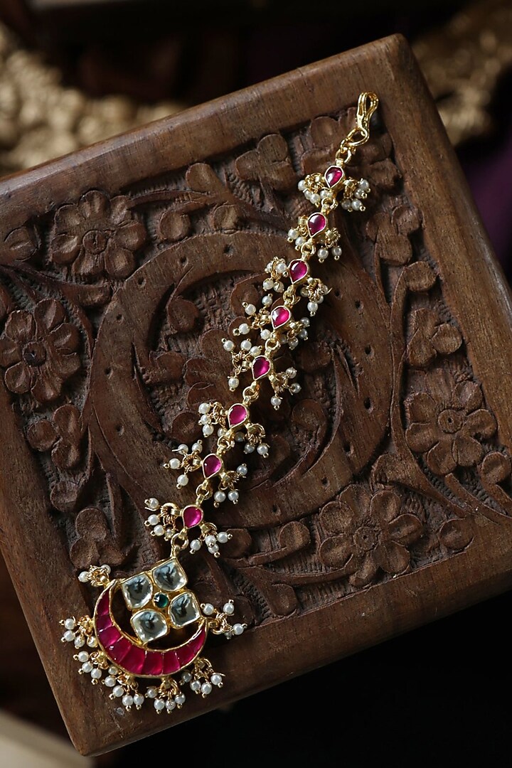 Gold Plated Red Kundan Polki & Pearl Mathapatti by Paisley Pop at Pernia's Pop Up Shop