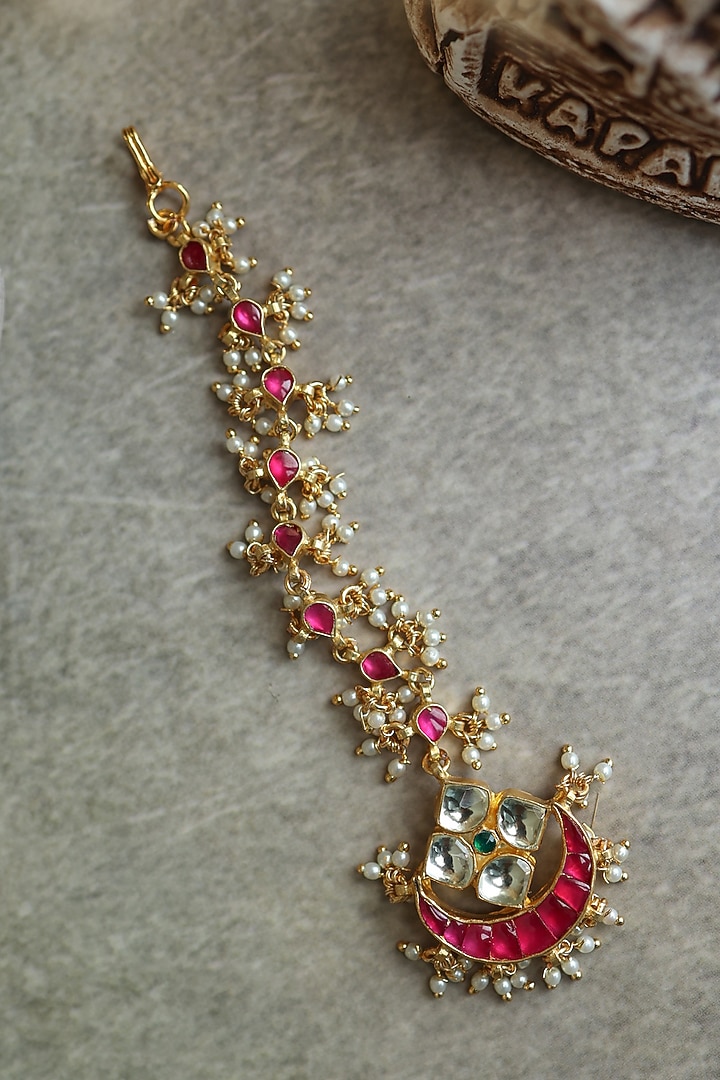 Gold Plated Red Kundan Polki & Pearl Mathapatti by Paisley Pop at Pernia's Pop Up Shop