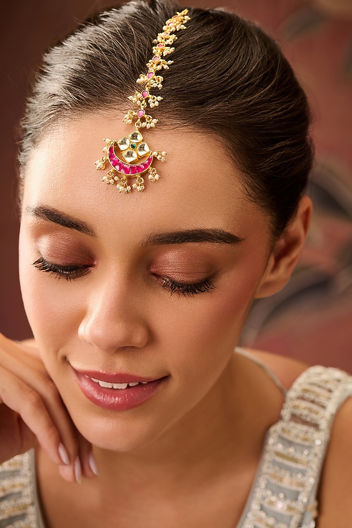 Gold Plated Red Kundan Polki & Pearl Mathapatti by Paisley Pop at Pernia's Pop Up Shop