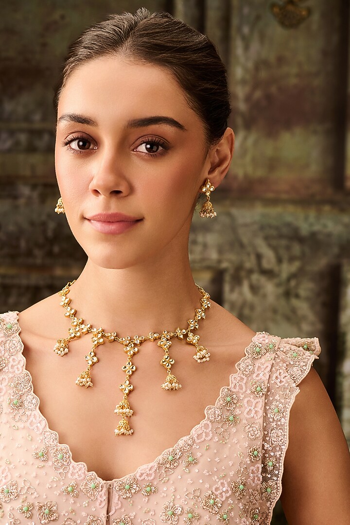 Gold Plated Kundan Polki & Pearl Necklace Set by Paisley Pop at Pernia's Pop Up Shop