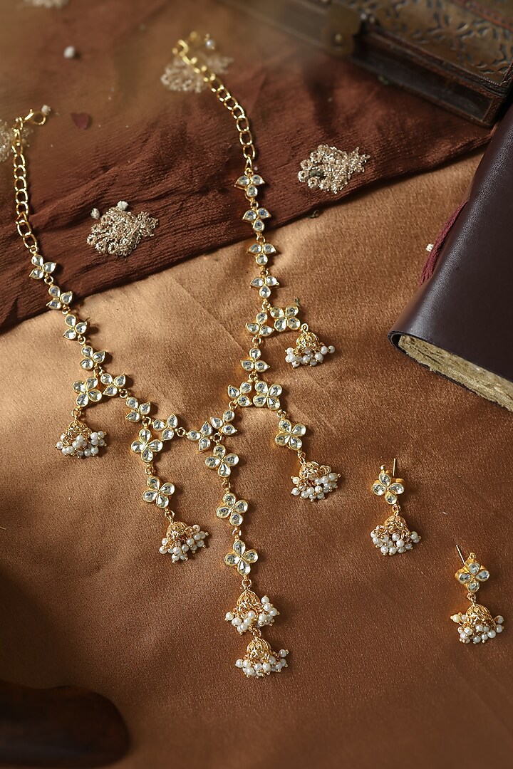 Gold Plated Kundan Polki & Pearl Necklace Set by Paisley Pop at Pernia's Pop Up Shop