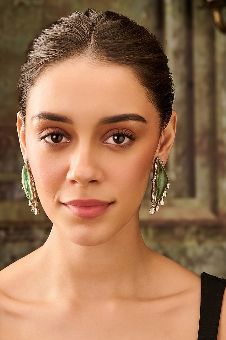 Gold Plated Kundan Polki & Mint Fluorite Stone Earrings by Paisley Pop at Pernia's Pop Up Shop