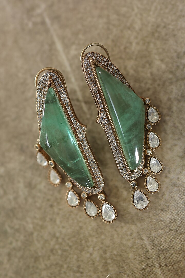 Gold Plated Kundan Polki & Mint Fluorite Stone Earrings by Paisley Pop at Pernia's Pop Up Shop