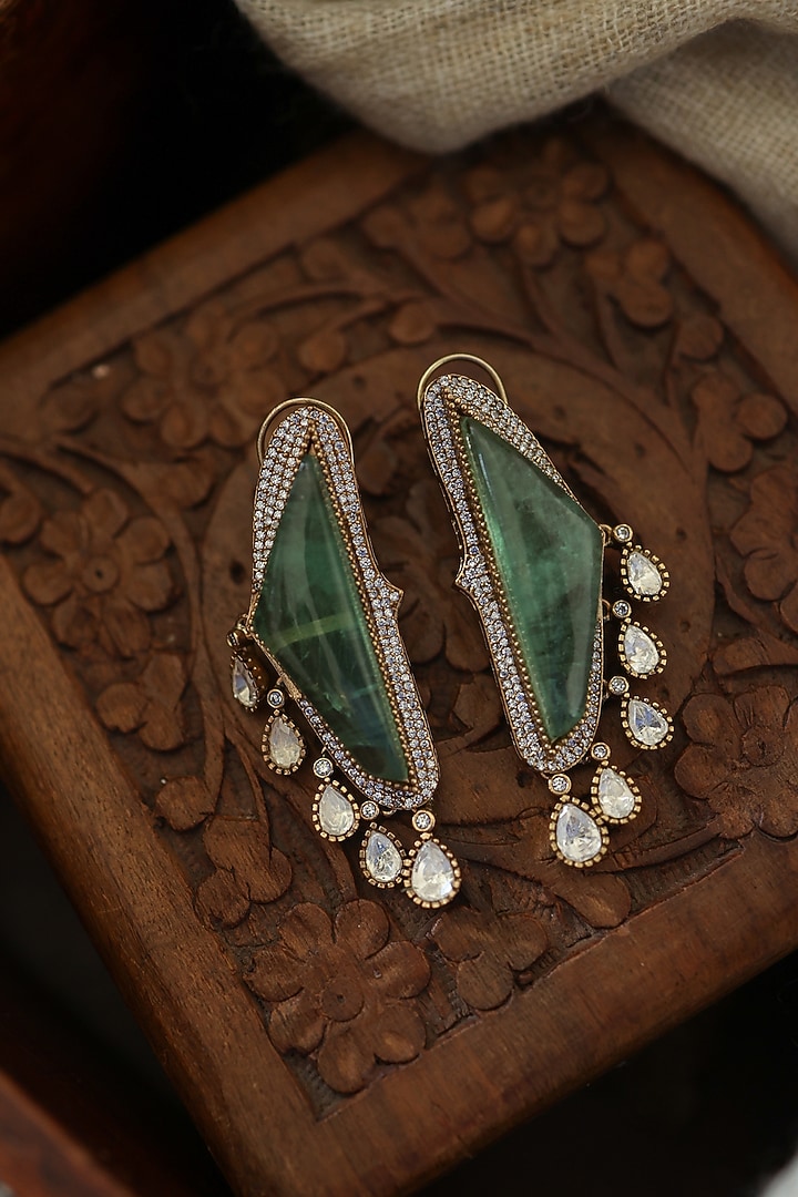 Gold Plated Kundan Polki & Mint Fluorite Stone Earrings by Paisley Pop at Pernia's Pop Up Shop