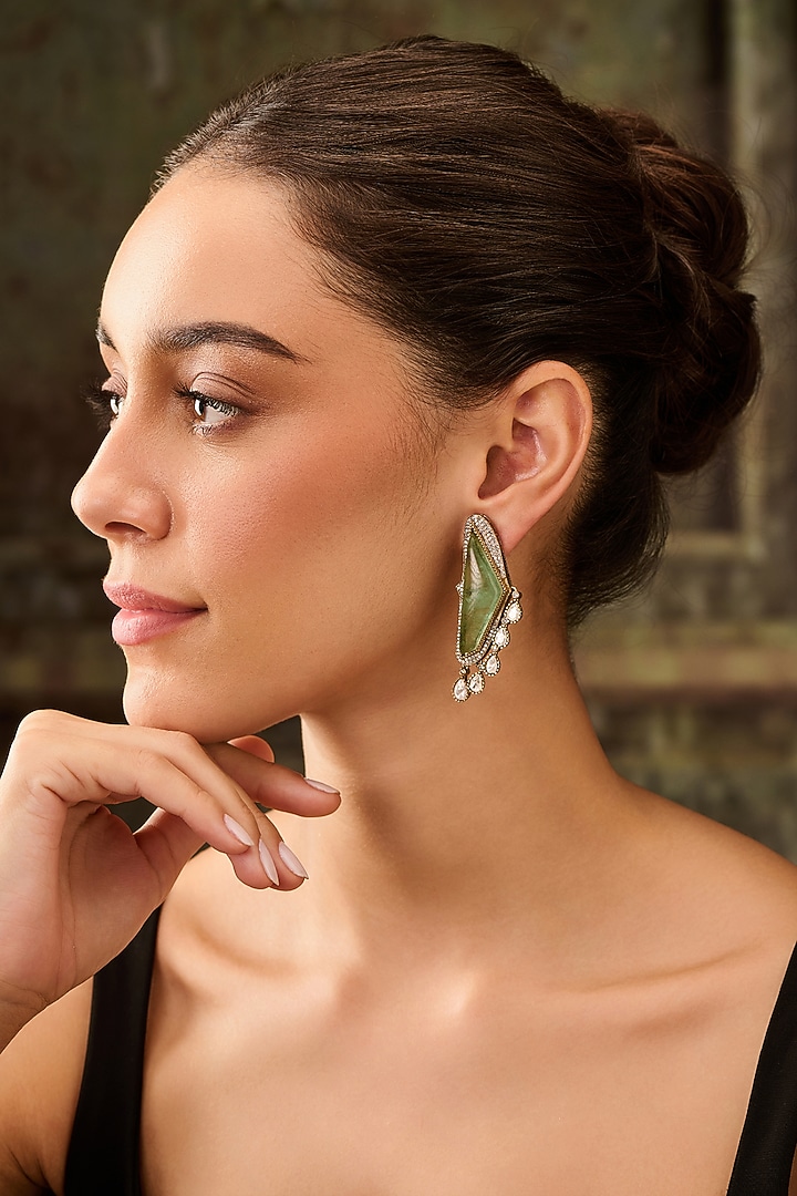 Gold Plated Kundan Polki & Mint Fluorite Stone Earrings by Paisley Pop at Pernia's Pop Up Shop