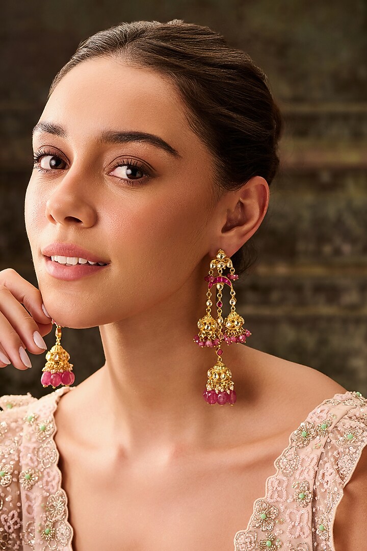 Gold Plated Kundan Polki & Pink Natural Stone Dangler Earrings by Paisley Pop at Pernia's Pop Up Shop