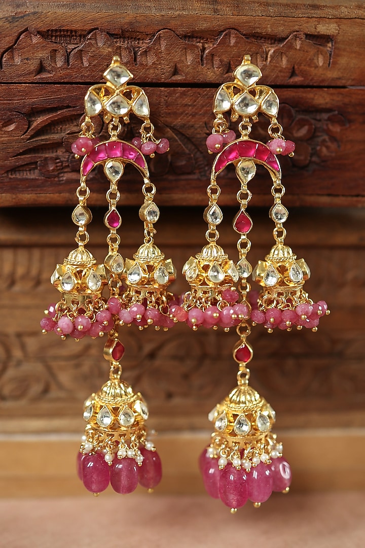 Gold Plated Kundan Polki & Pink Natural Stone Dangler Earrings by Paisley Pop at Pernia's Pop Up Shop